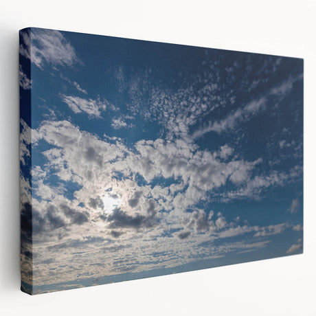 Stretched canvas wall art showcasing a vibrant landscape design with soft blues and greens, elegantly framed, perfect for enhancing modern home decor.