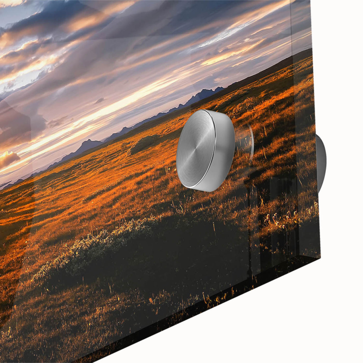 Close-up of a stunning acrylic wall art piece featuring vibrant landscapes and skyscapes, showcasing intricate details and vivid colors, ideal for home décor.