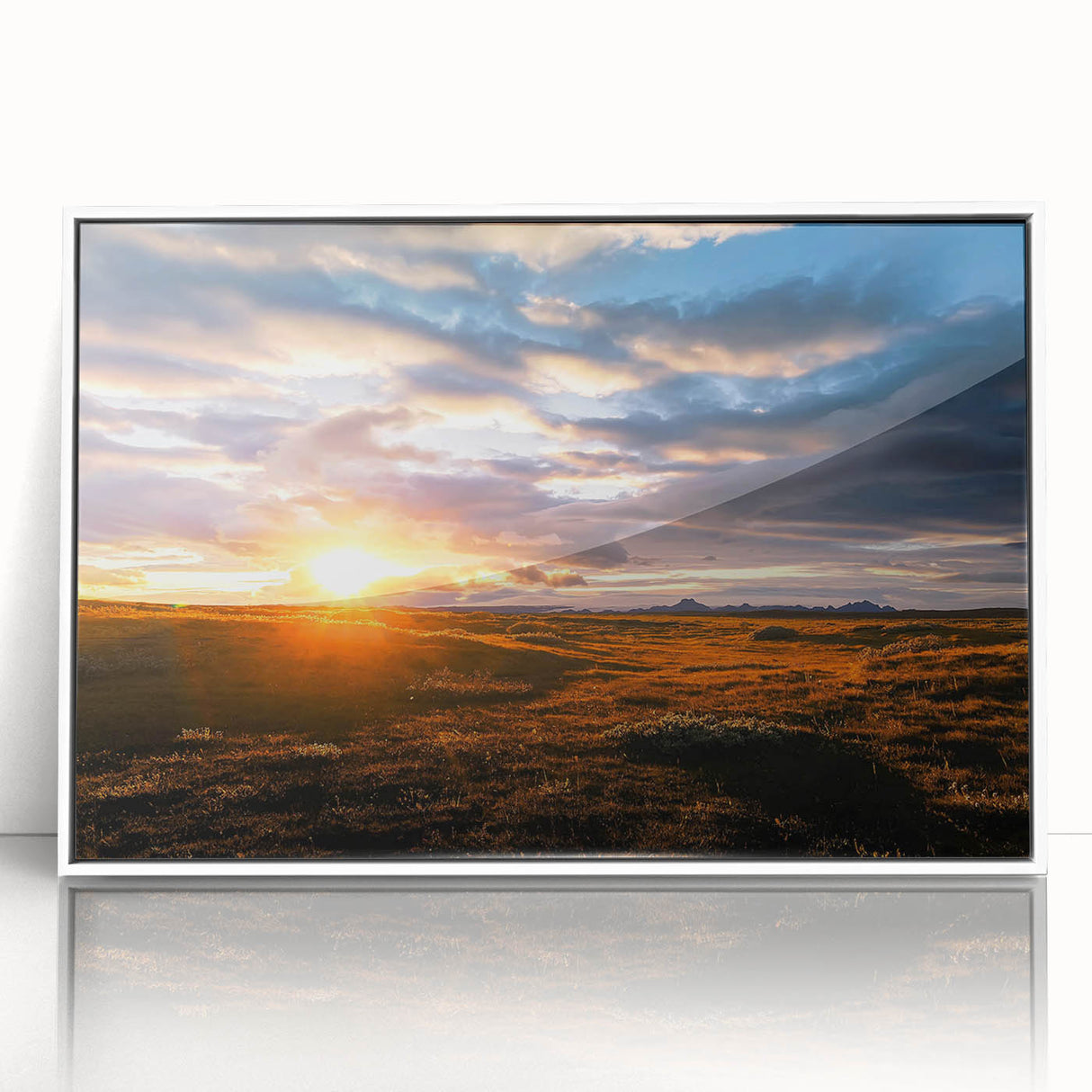 Framed acrylic wall art showcasing a serene landscape with vibrant colors, elegantly displayed in a white frame, perfect for modern home decor.