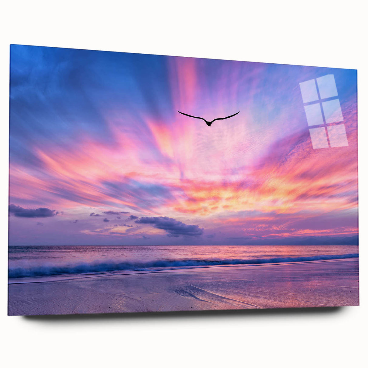 Acrylic glass wall art piece showcasing a vibrant landscapes and skyscapes design, viewed from the side without pins. The artwork features vivid colors and intricate details, perfect for modern home decor.