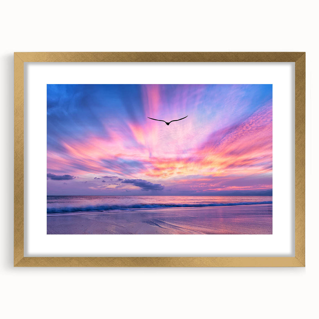 Framed wall art collection showcasing vibrant landscapes and skyscapes with a gold mat, adding elegance to home decor. Perfect for nature lovers seeking aesthetic inspiration.