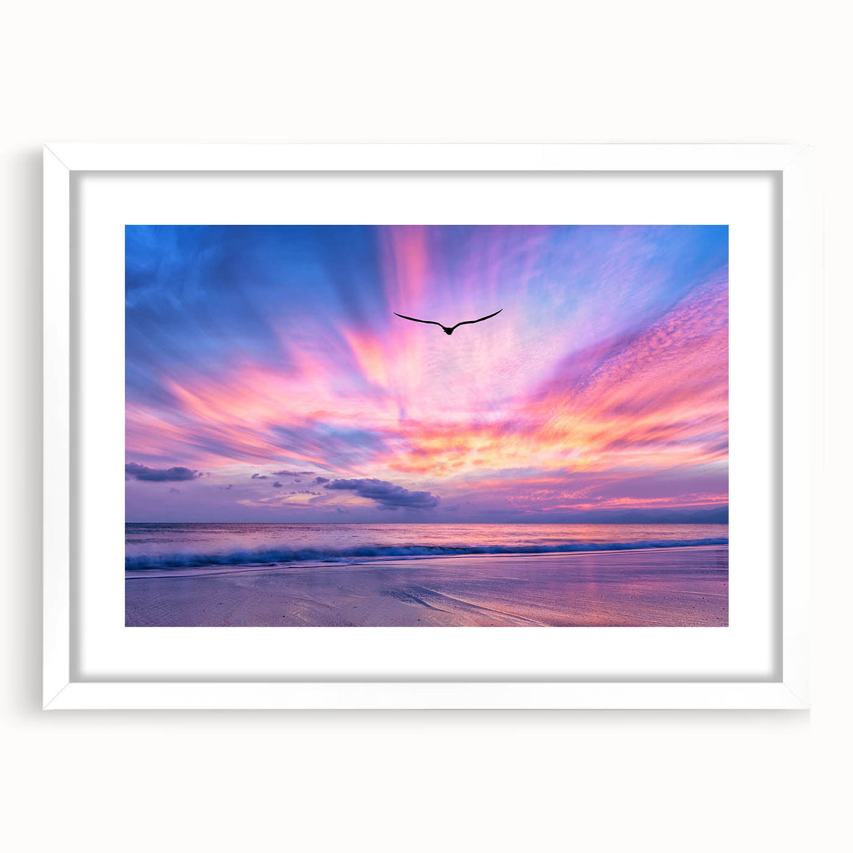 Framed wall art collection showcasing a serene landscape with vibrant colors and intricate details, set in a sleek white mat, ideal for home decor.