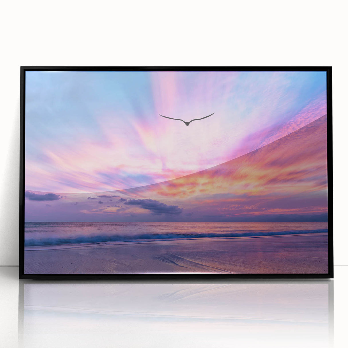 Framed acrylic wall art featuring a vibrant landscape design with dramatic skyscape elements, set against a sleek black frame. Perfect for modern decor.