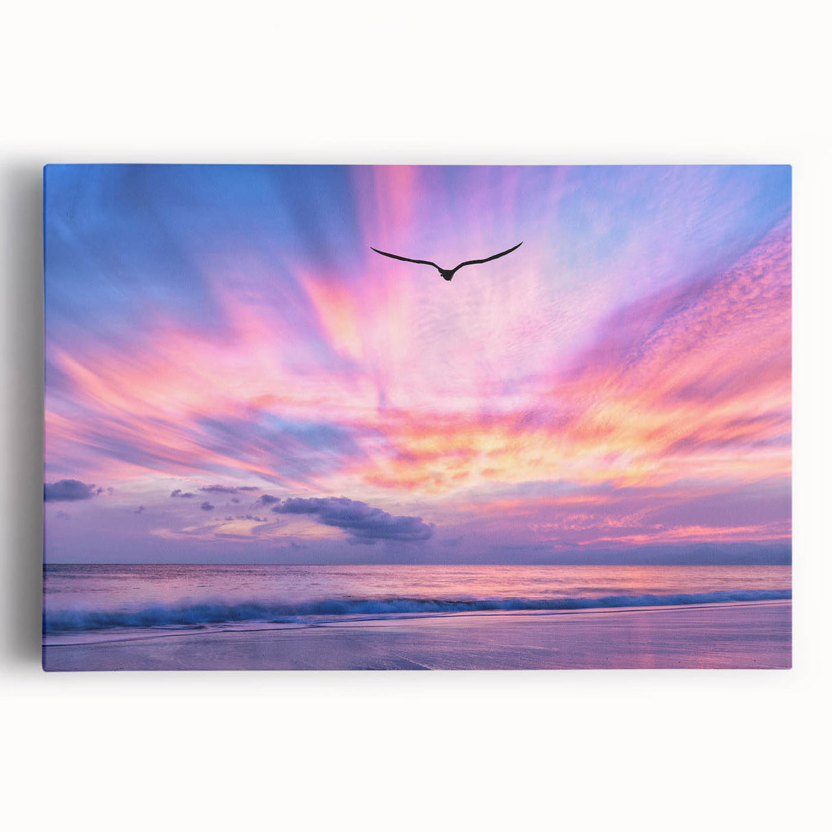 Stretched canvas art piece showcasing a vibrant, abstract landscape with vivid colors and dynamic brush strokes, ideal for modern home decor and artistic enhancement.