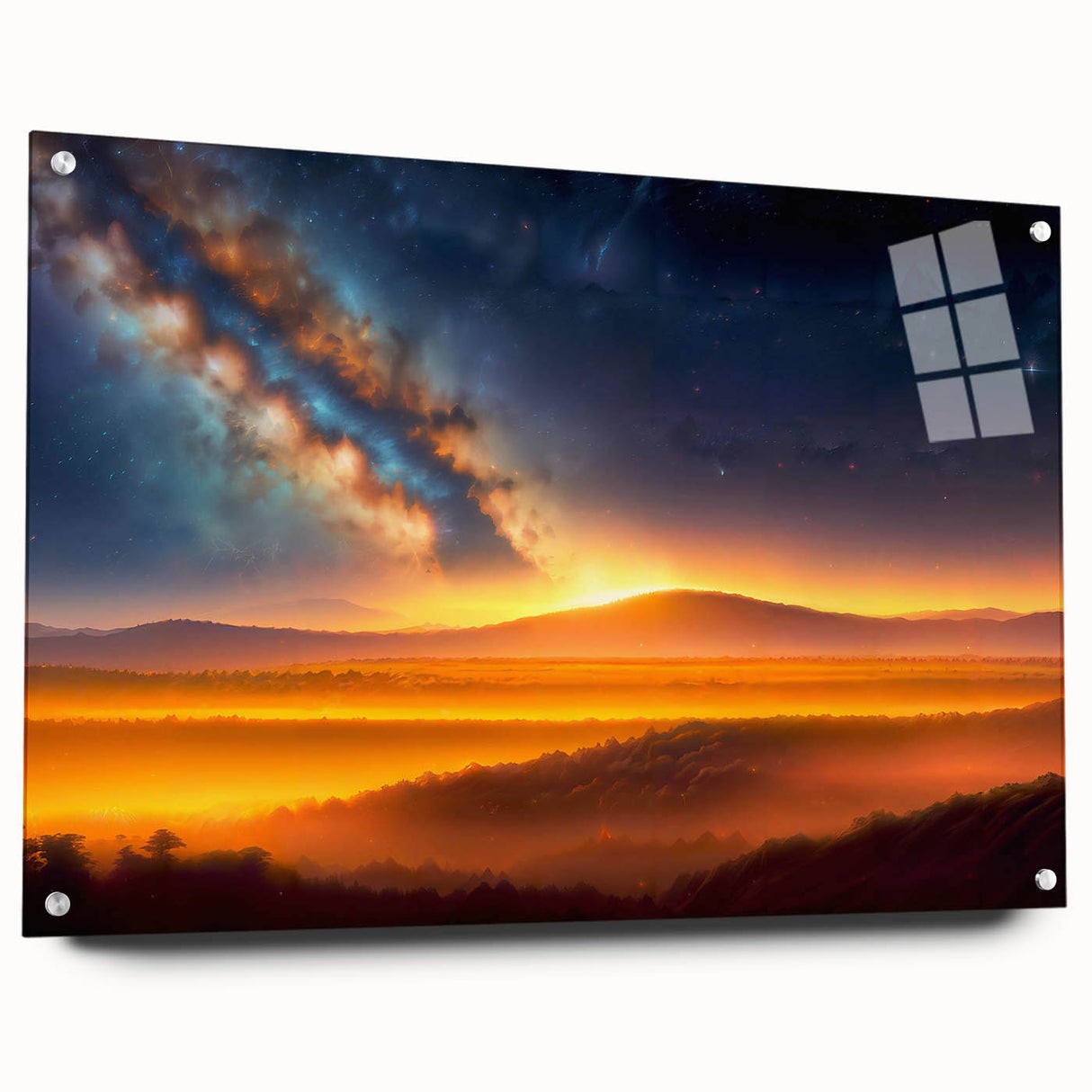 Acrylic glass wall art collection showcasing a vibrant landscapes and skyscapes design, featuring a side view with visible mounting pins, ideal for modern decor.