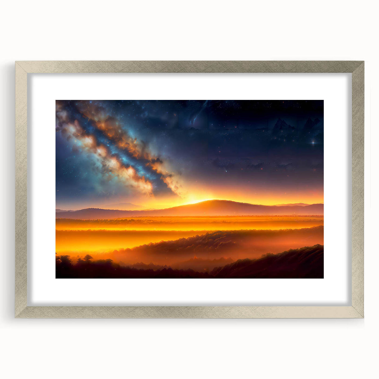 Silver-framed wall art showcasing a serene landscape and skyscape design, featuring vibrant colors and a modern aesthetic ideal for home decor.