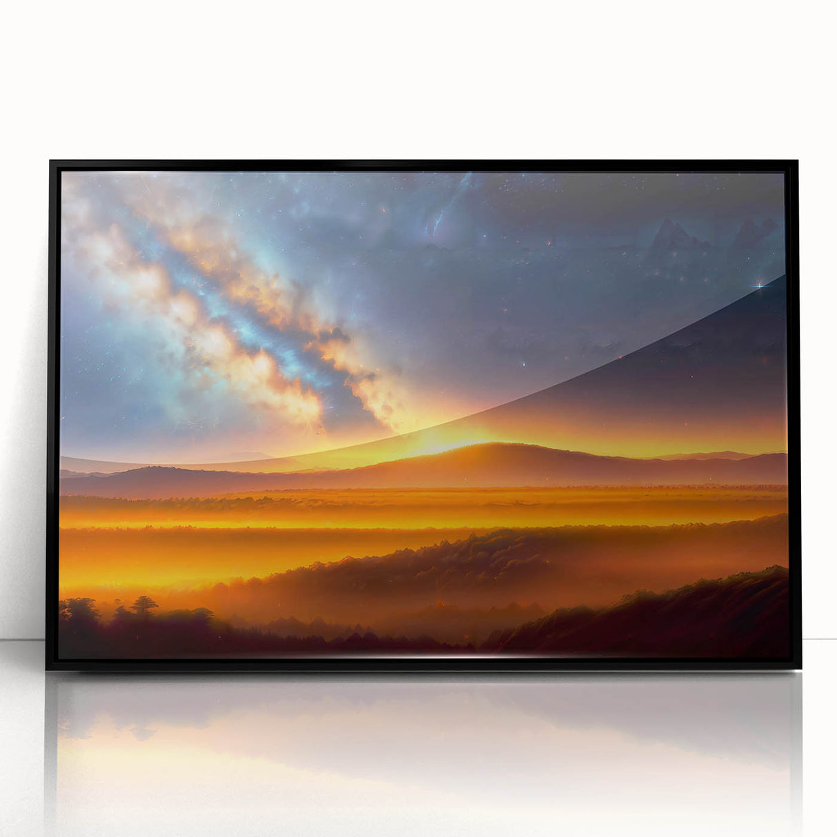 Framed acrylic wall art featuring a vibrant landscape design with a black frame, showcasing colorful skies and serene nature elements, ideal for home decor.