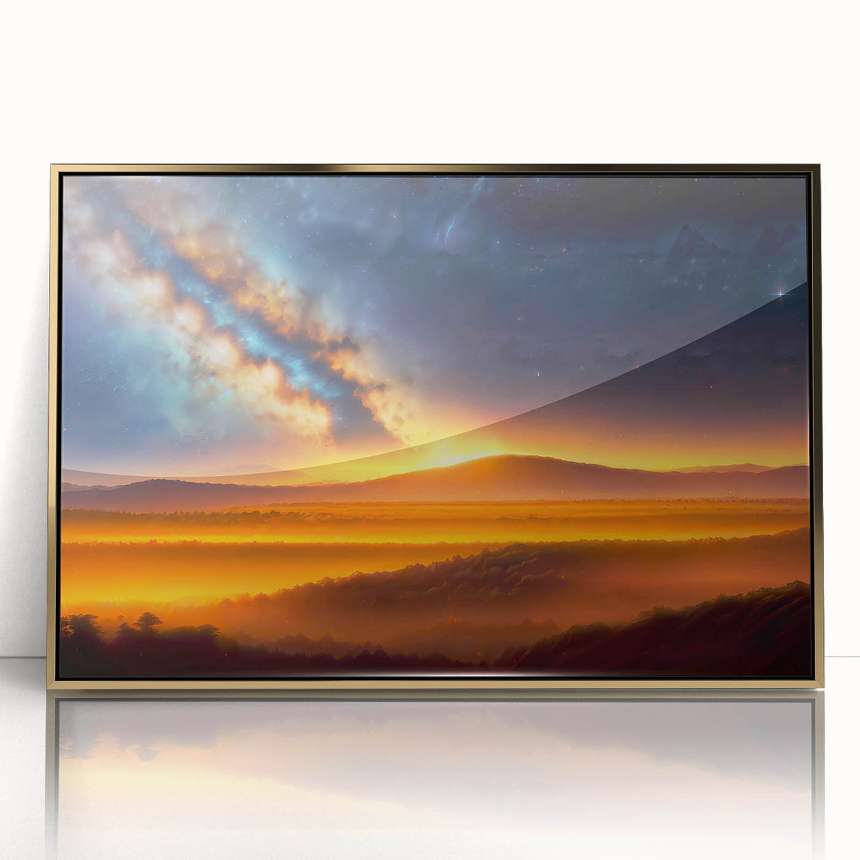 Framed wall art piece showcasing a vibrant landscapes and skyscapes design with gold accents, perfect for modern home decor. The acrylic frame enhances the visual appeal, making it an ideal centerpiece for living rooms or offices.