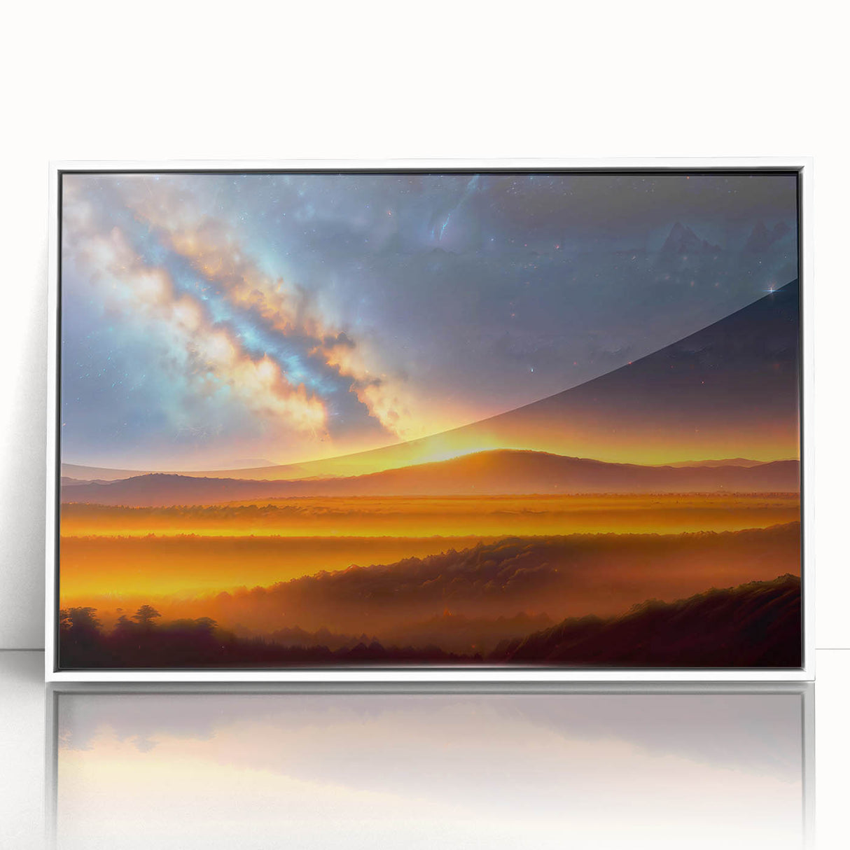 Framed acrylic wall art from the Landscapes Skyscapes Design 7 collection, showcasing a serene landscape scene with vibrant colors, set against a sleek white frame, perfect for modern decor.