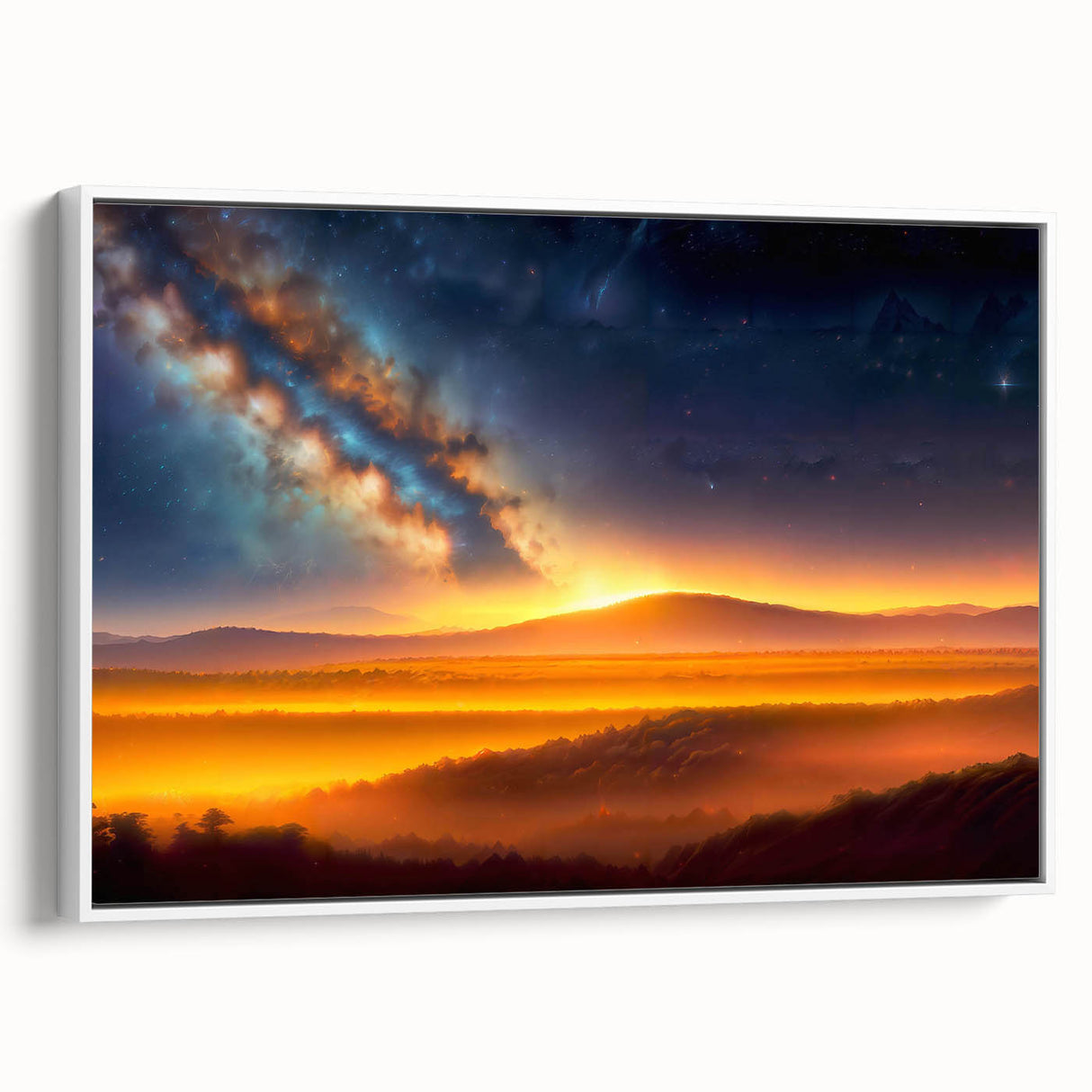 Framed canvas wall art showcasing a serene landscape with vibrant colors, featuring a white frame and side view, perfect for home decor enhancement.