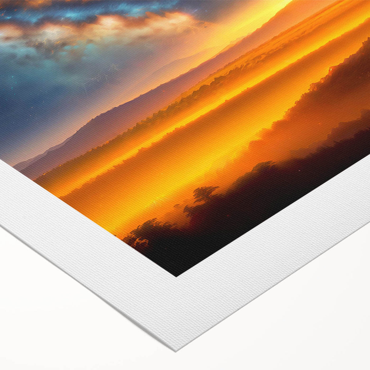 Rolled canvas artwork showcasing a vibrant landscape with dramatic skyscapes, designed for home decor, emphasizing rich colors and textures, perfect for any modern setting.