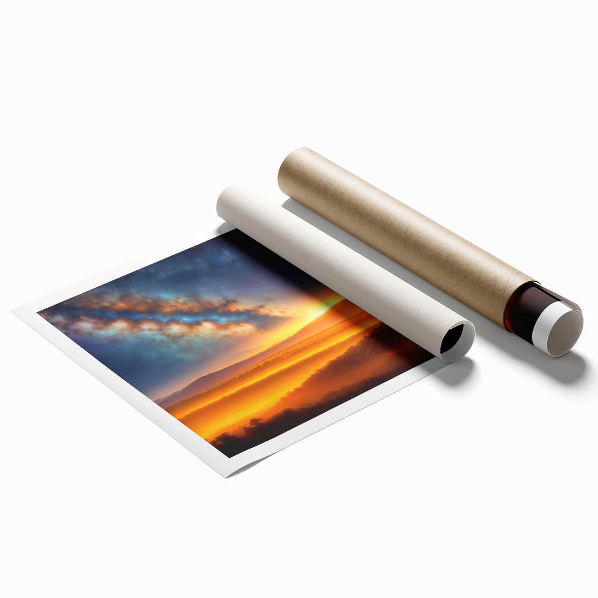 Rolled print of a vibrant landscape featuring a serene sunset over rolling hills, showcasing warm oranges and cool blues, ideal for home décor or office spaces.