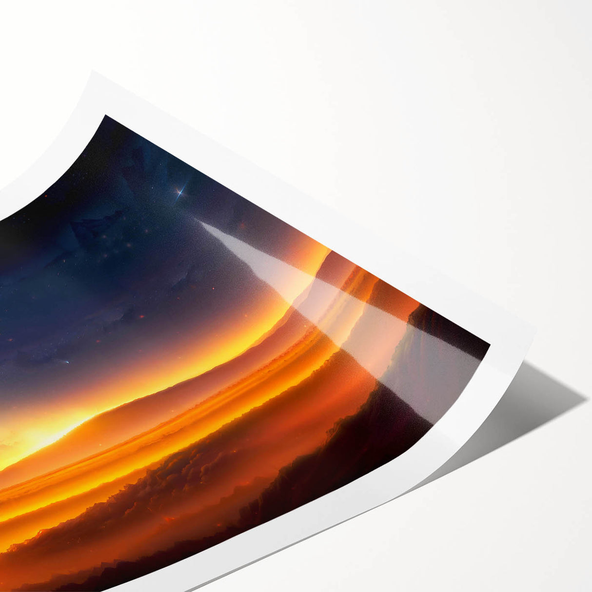 Colorful landscape wall art print showcasing serene mountains and vibrant skies, rolled for easy transport and display, ideal for home decor enhancement.