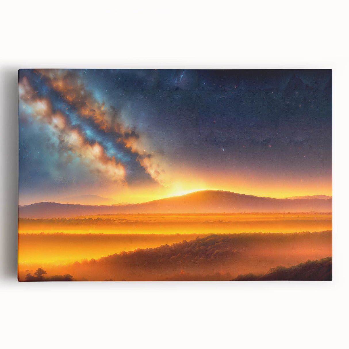 Stretched canvas wall art showcasing a vibrant, serene landscape with soft pastel colors and a tranquil sky, ideal for modern home decor. Perfect for adding a calming atmosphere to any room.