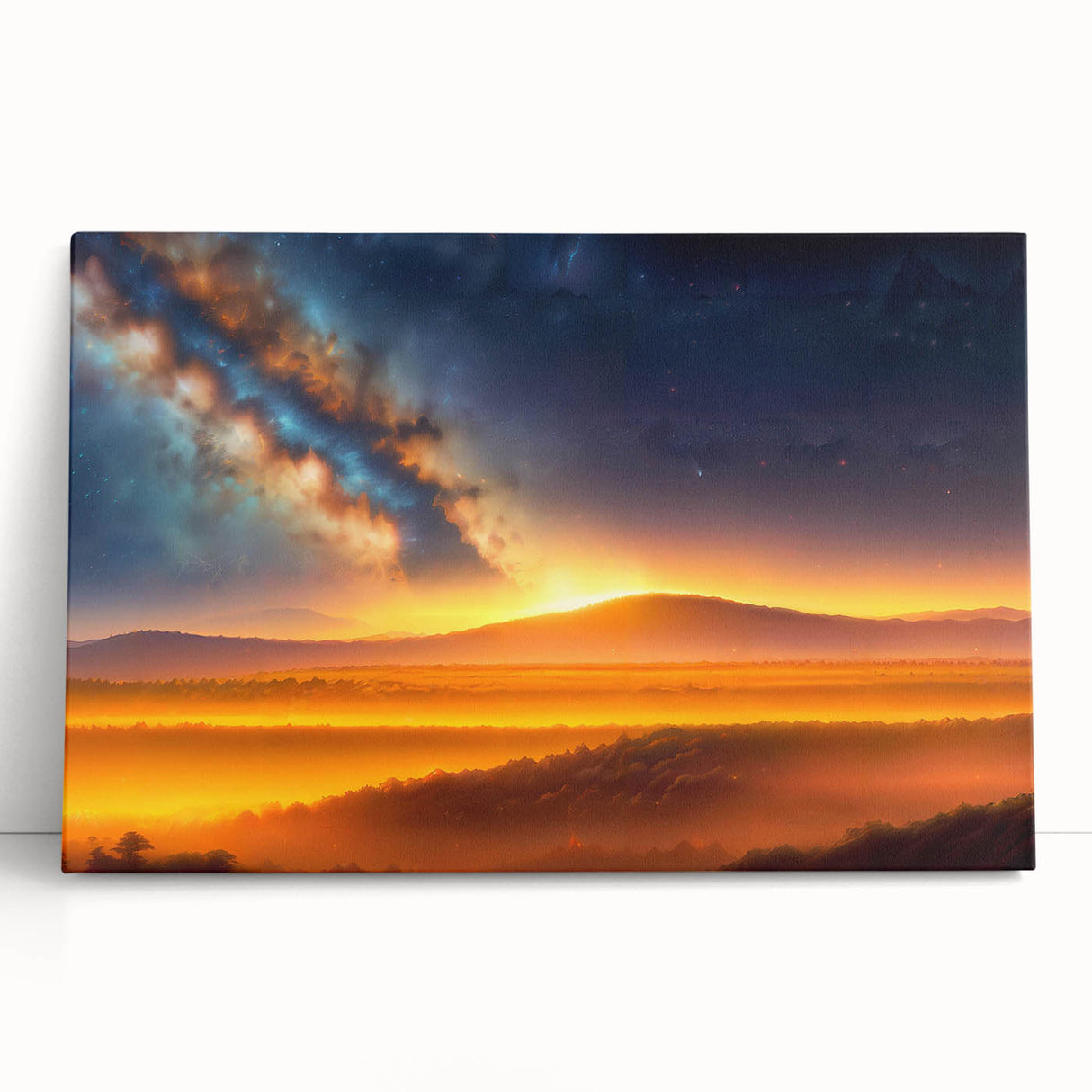 Stretched canvas wall art showcasing a serene landscape with vibrant skies, perfect for modern decor. The piece leans against a neutral wall, enhancing its visual appeal.