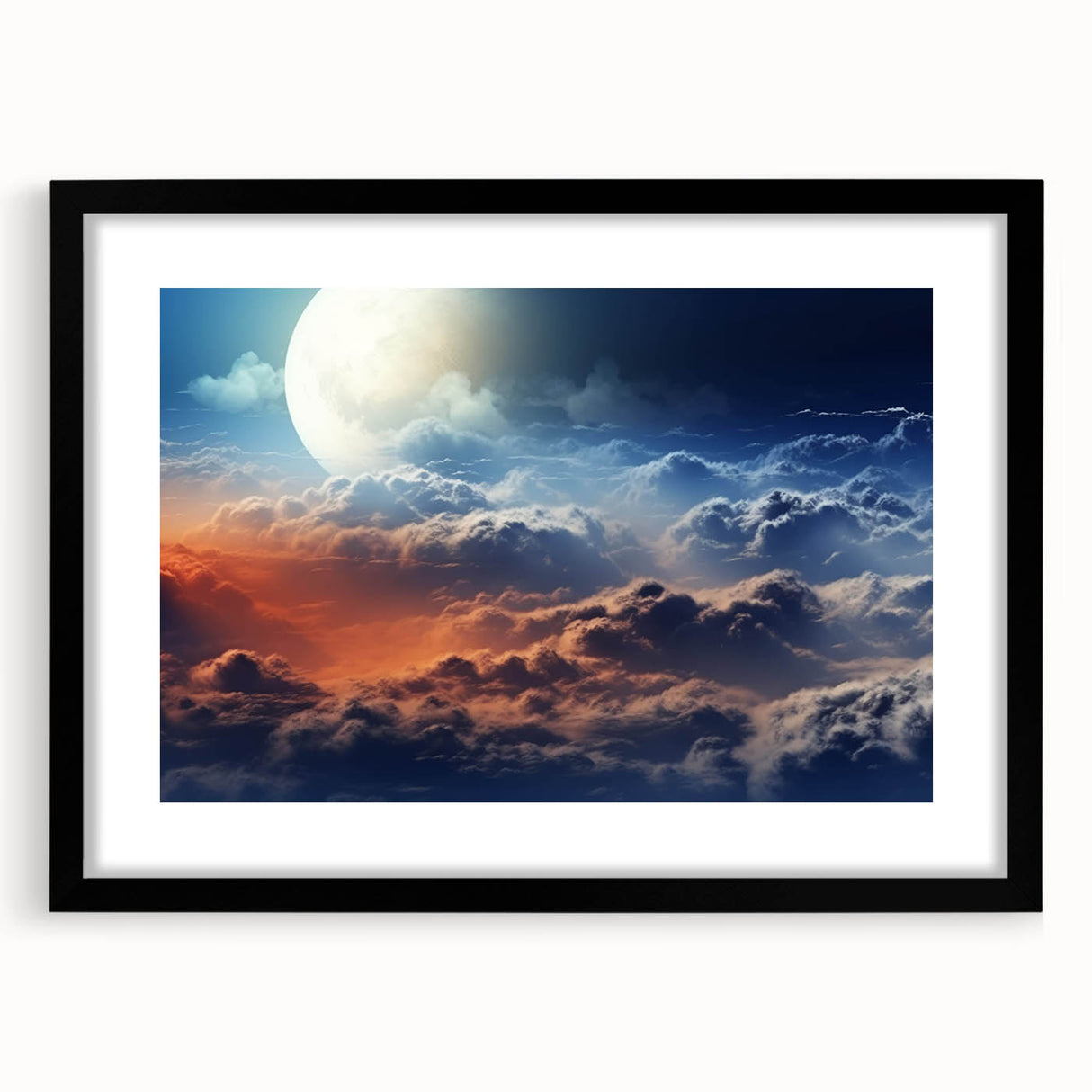 Framed black wall art showcasing a serene landscape and skyscape design, featuring a white mat for added elegance, ideal for modern home decor.