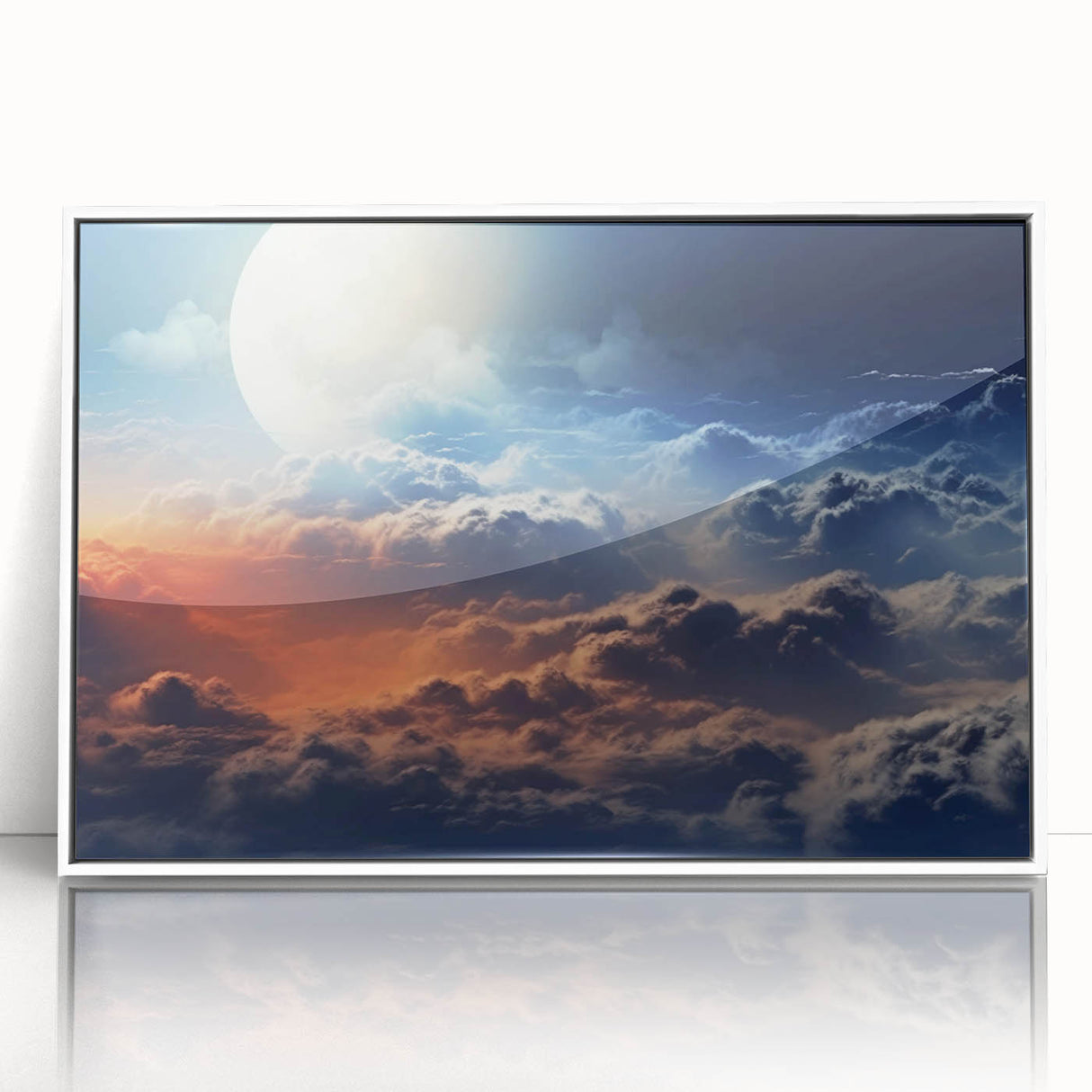 Framed wall art featuring a serene landscape design with soft hues of blue and green, perfect for home decor. Acrylic front enhances colors and details.