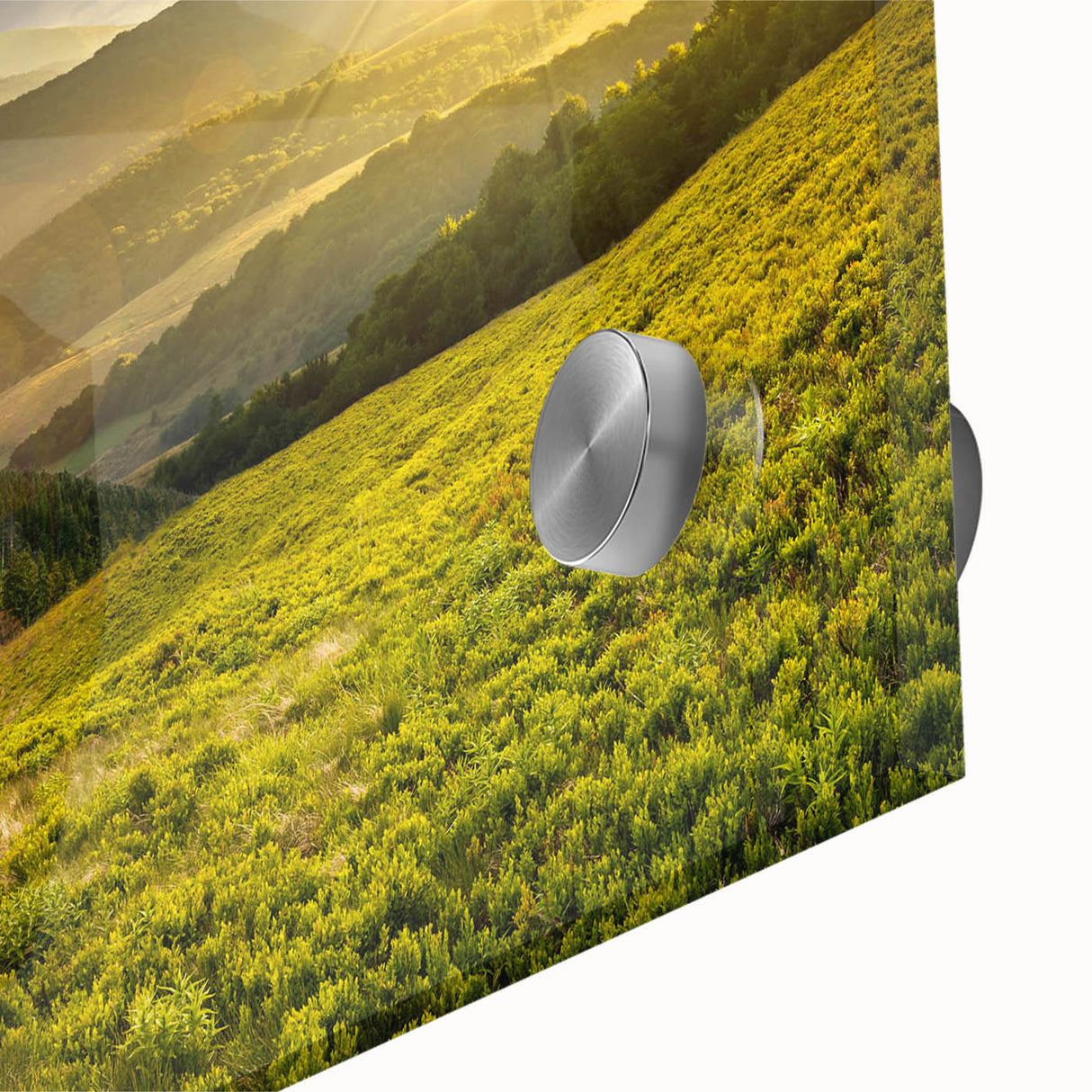 Close-up of a vibrant acrylic wall art piece showcasing a serene valley landscape, featuring lush greenery and a clear blue sky, perfect for home decor enhancement.