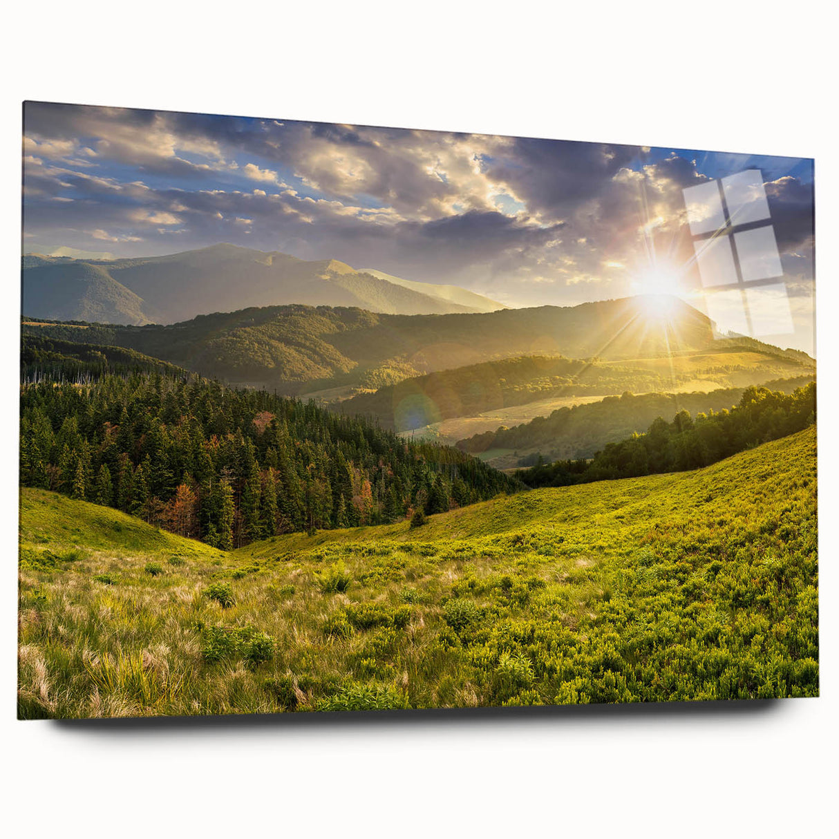Side view of a modern acrylic glass wall art piece from the Landscapes Valley Design collection, showcasing vibrant colors and abstract mountain scenery, perfect for home decor.