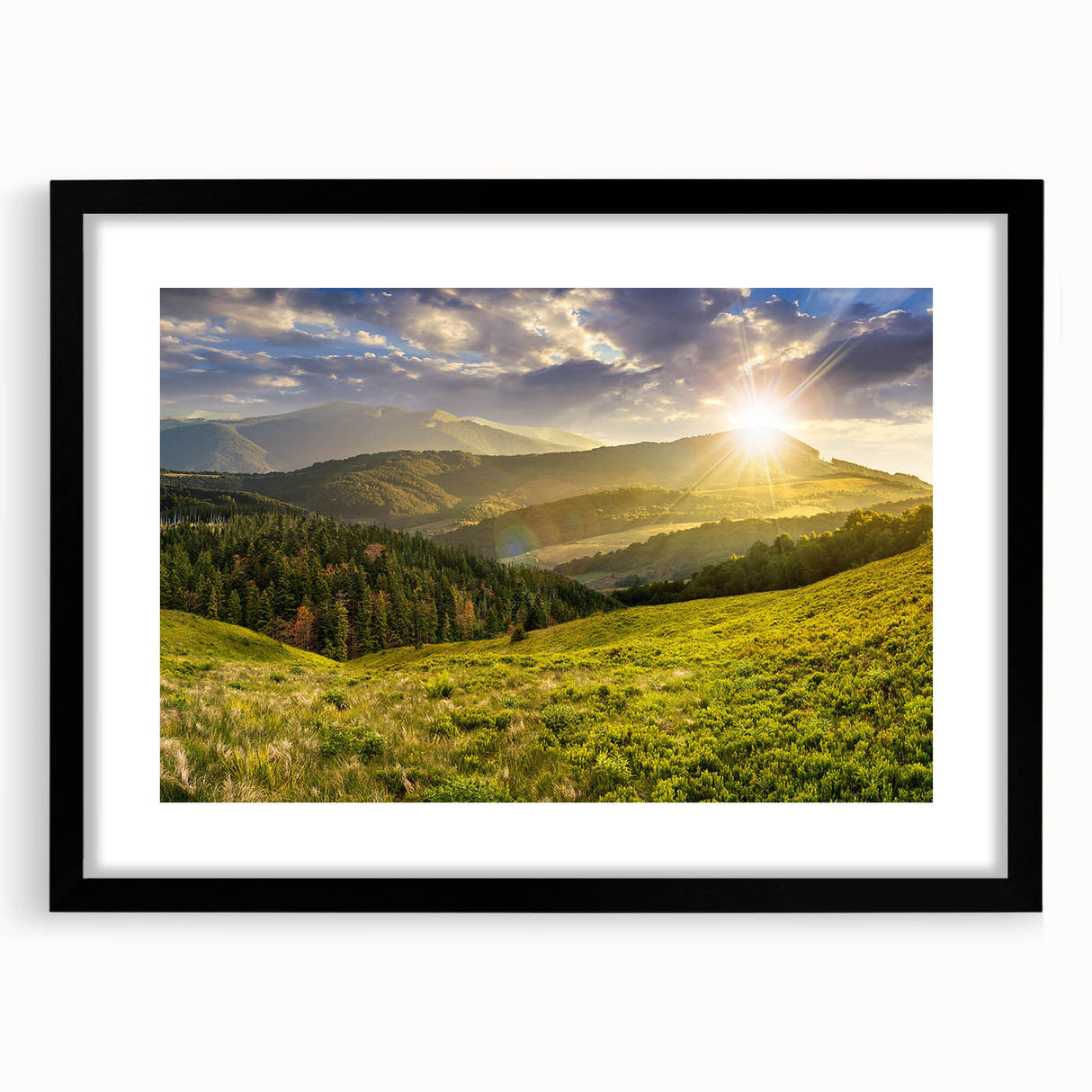 Framed landscape wall art collection featuring a serene valley design in a sleek black frame, enhanced by a white mat, ideal for modern home decor.