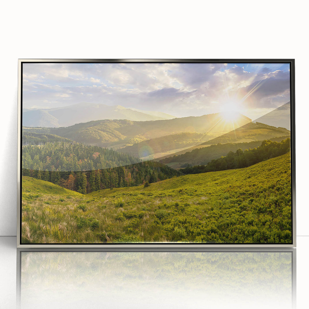 Framed acrylic wall art showcasing a serene valley landscape design with a silver frame, perfect for enhancing modern home decor and creating a calming ambiance.