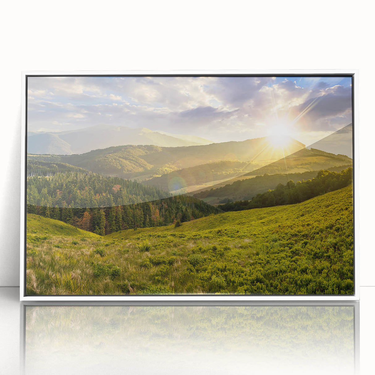 Framed acrylic wall art showcasing a serene valley landscape design, featuring vibrant colors and intricate details, perfect for home decor enhancement.