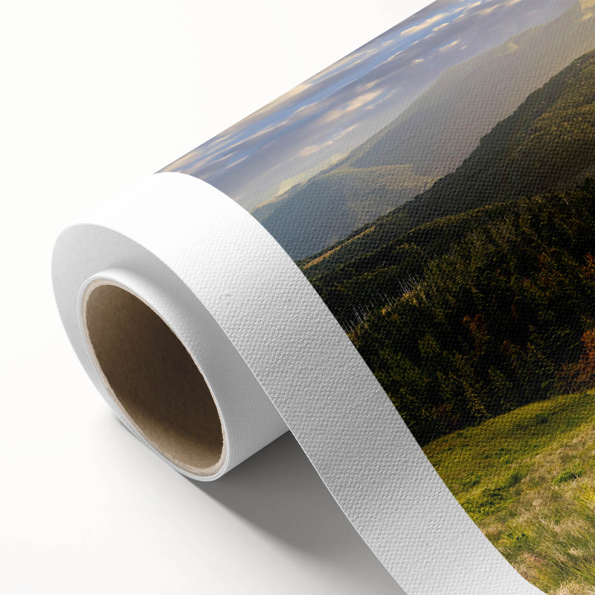 Rolled canvas artwork showcasing a serene valley landscape design, featuring vibrant colors and intricate details, perfect for home decor. Packaged securely for delivery.