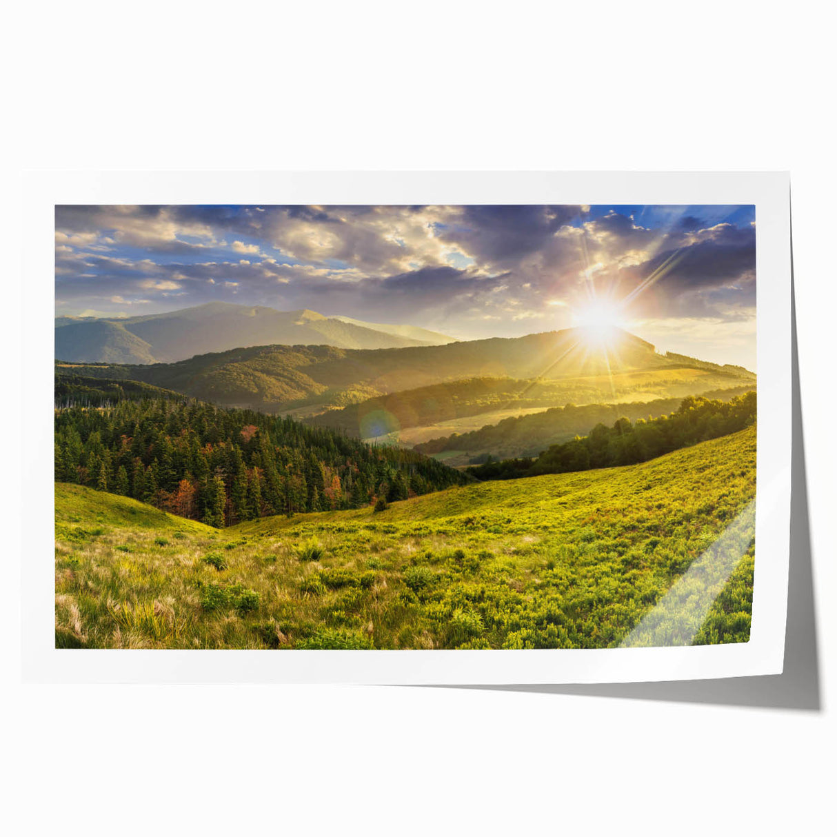 Vibrant rolled print of a serene valley landscape, showcasing lush green hills and a clear blue sky, perfect for home decor, art enthusiasts, and nature lovers.