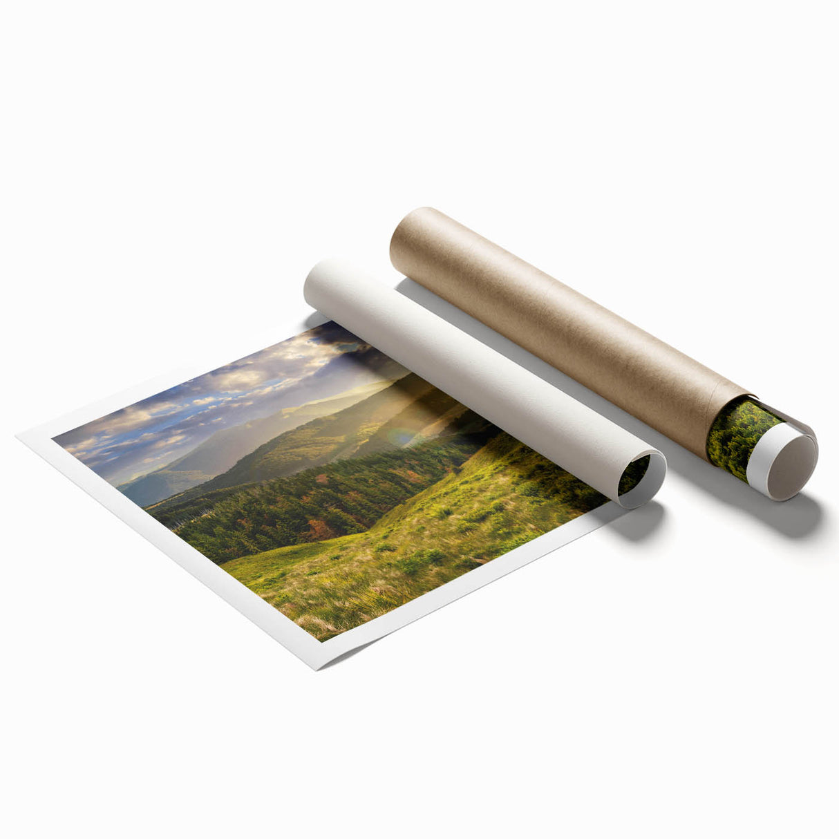 Vibrant rolled print showcasing a serene valley landscape design in soft earth tones, ideal for home decor, packaged securely in a cardboard tube for protection.