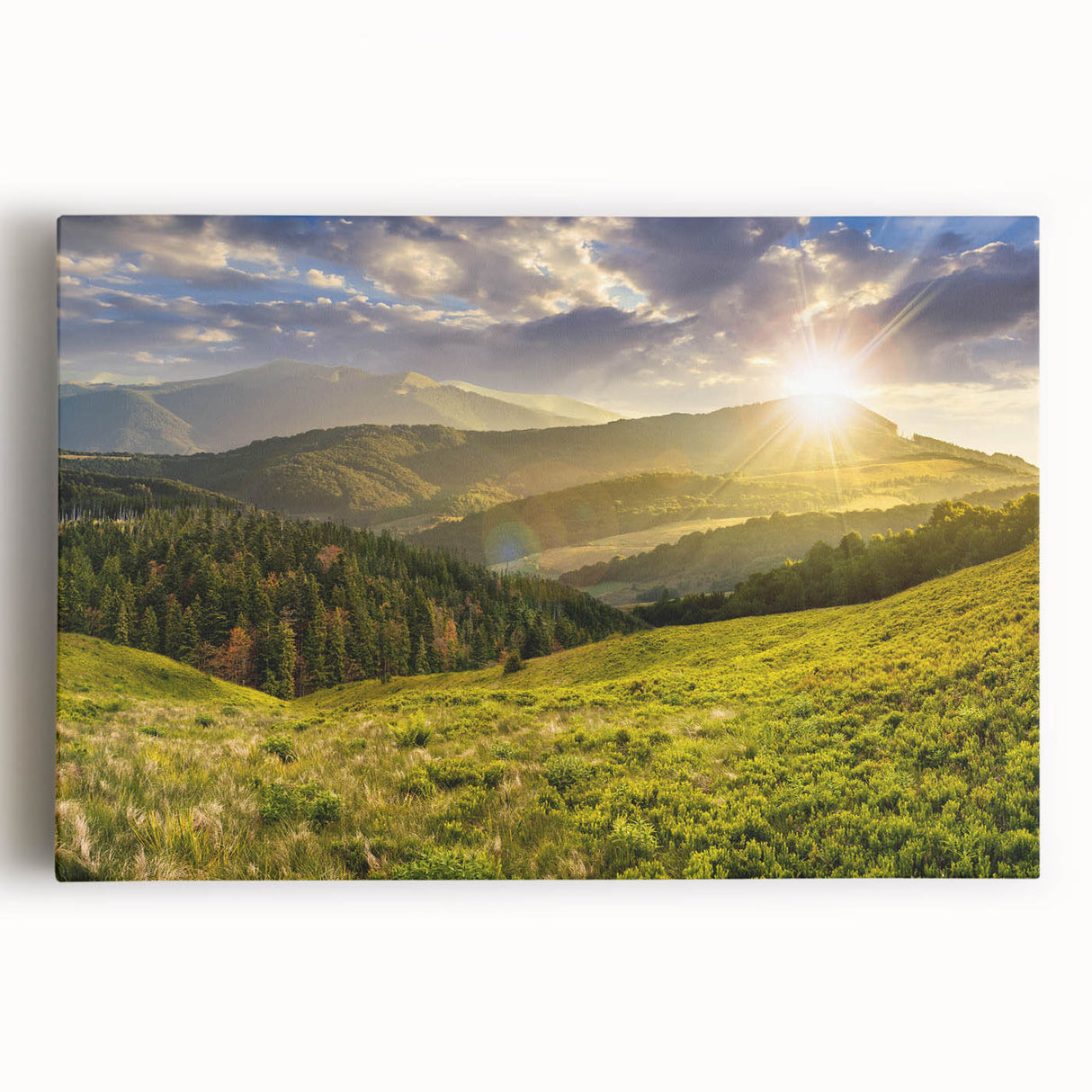 Stretched canvas wall art featuring a vibrant valley landscape design, showcasing lush greenery and serene blue skies, ideal for enhancing home decor and creating a tranquil atmosphere.