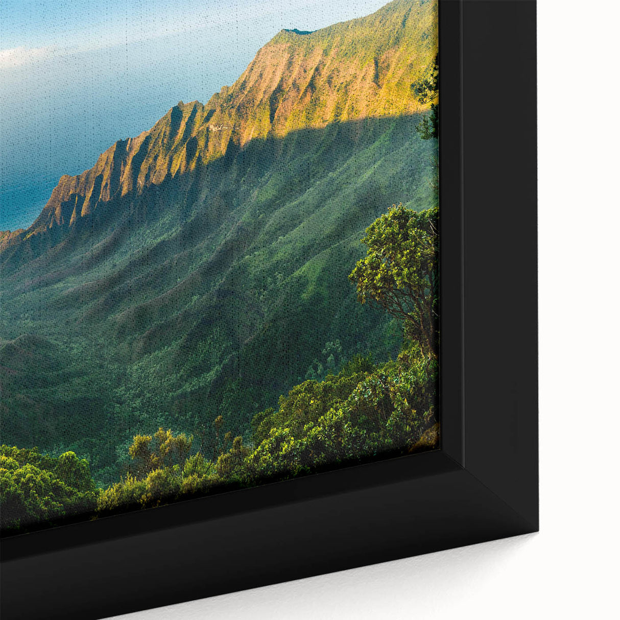 Framed canvas wall art showcasing a vibrant landscape design of a serene valley, featuring rich greens and blues, perfect for enhancing home decor.