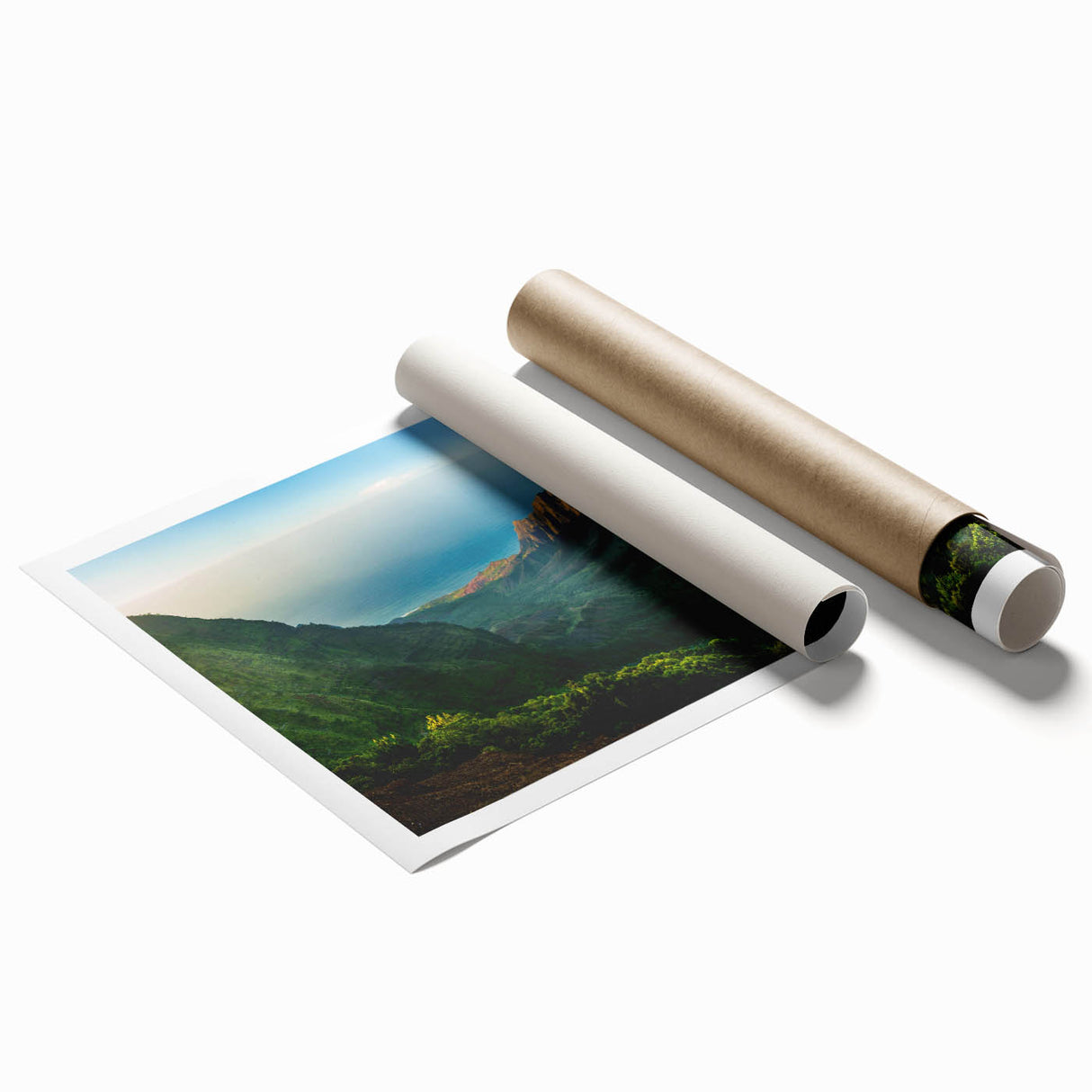 Vibrant rolled print showcasing a serene valley landscape design, featuring lush green hills and a clear blue sky, ideal for home decor and wall art collections.