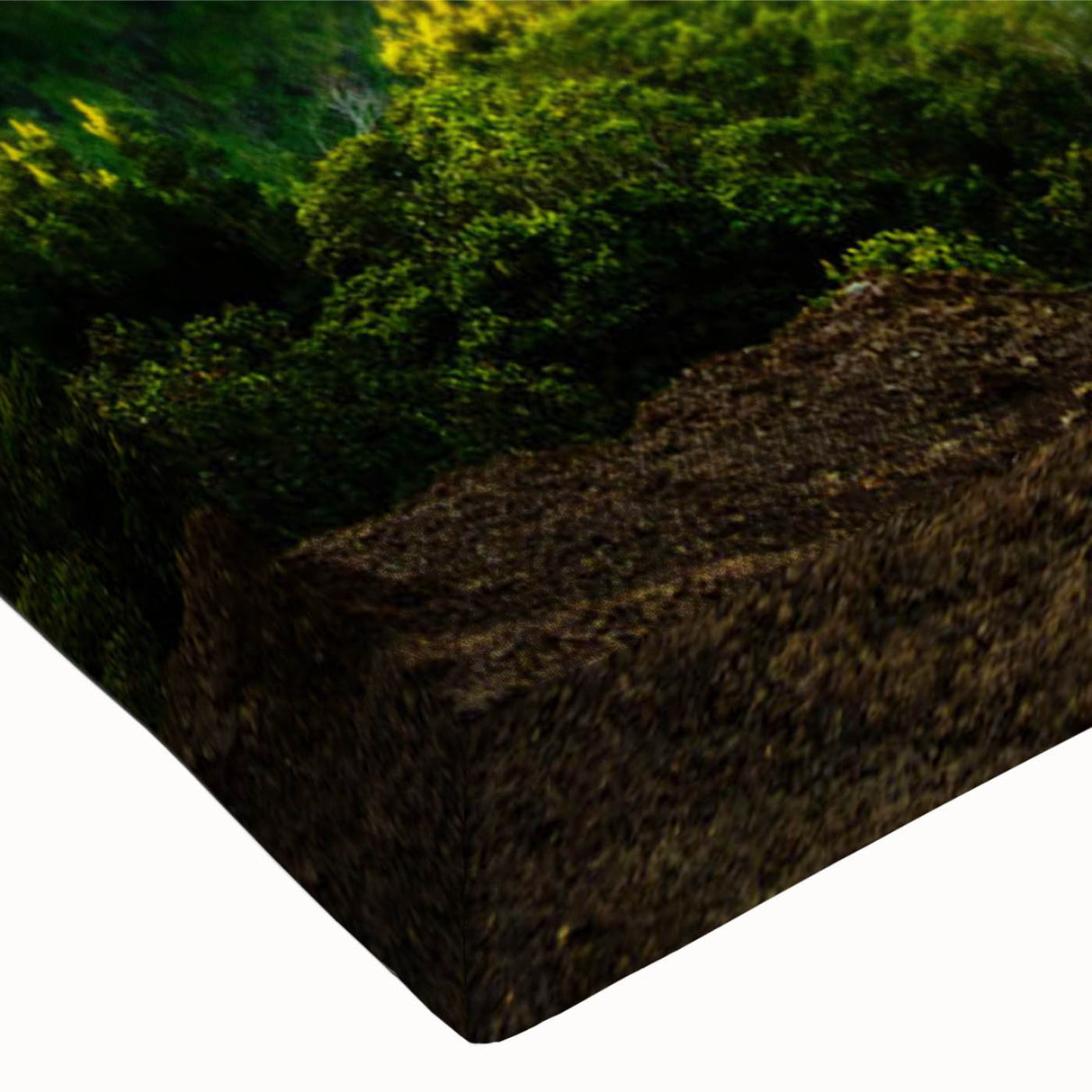 Close-up of a stretched canvas wall art piece showcasing a vibrant valley landscape design, emphasizing rich colors and intricate details, perfect for home decor.