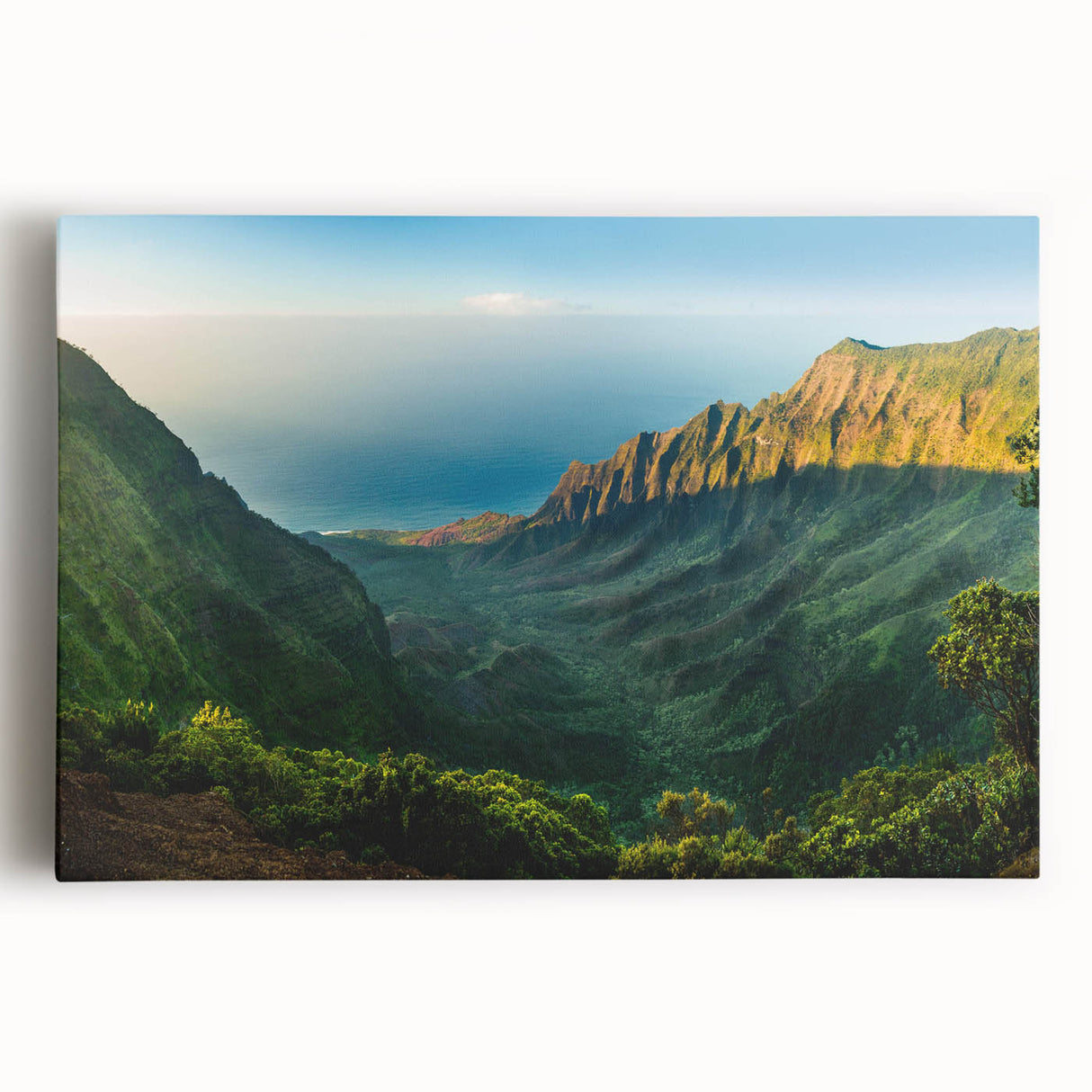 Stretched canvas wall art showcasing a serene valley landscape with vibrant colors and intricate details, perfect for enhancing home decor and creating a calming atmosphere.