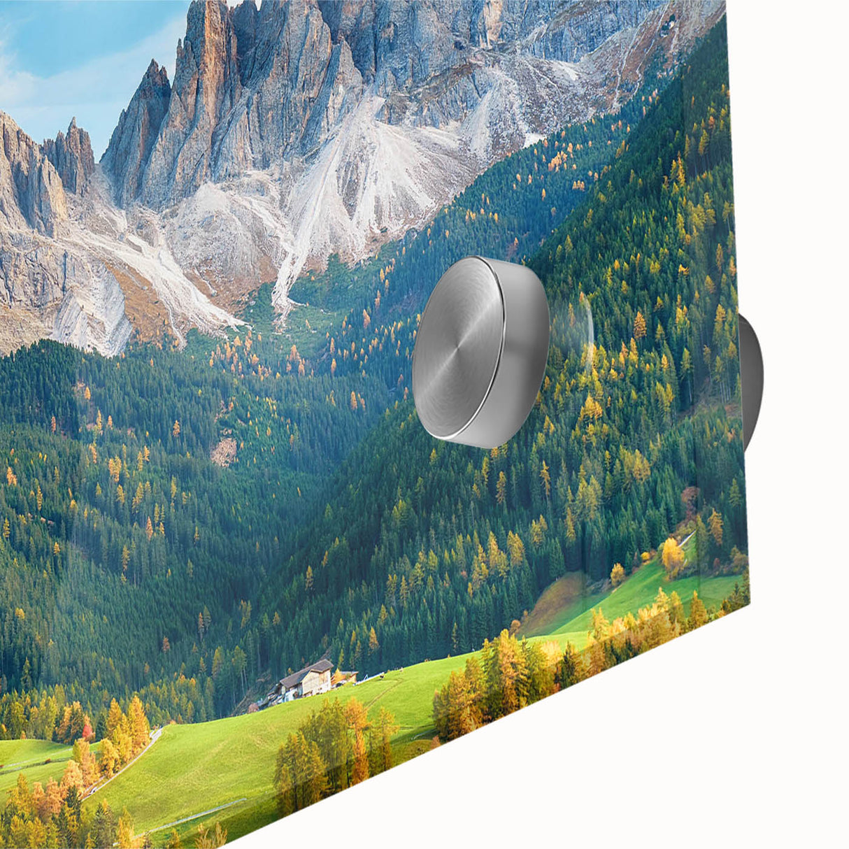 Close-up of an acrylic glass wall art piece showcasing a vibrant valley landscape design, featuring rich colors and intricate details, ideal for home decor.