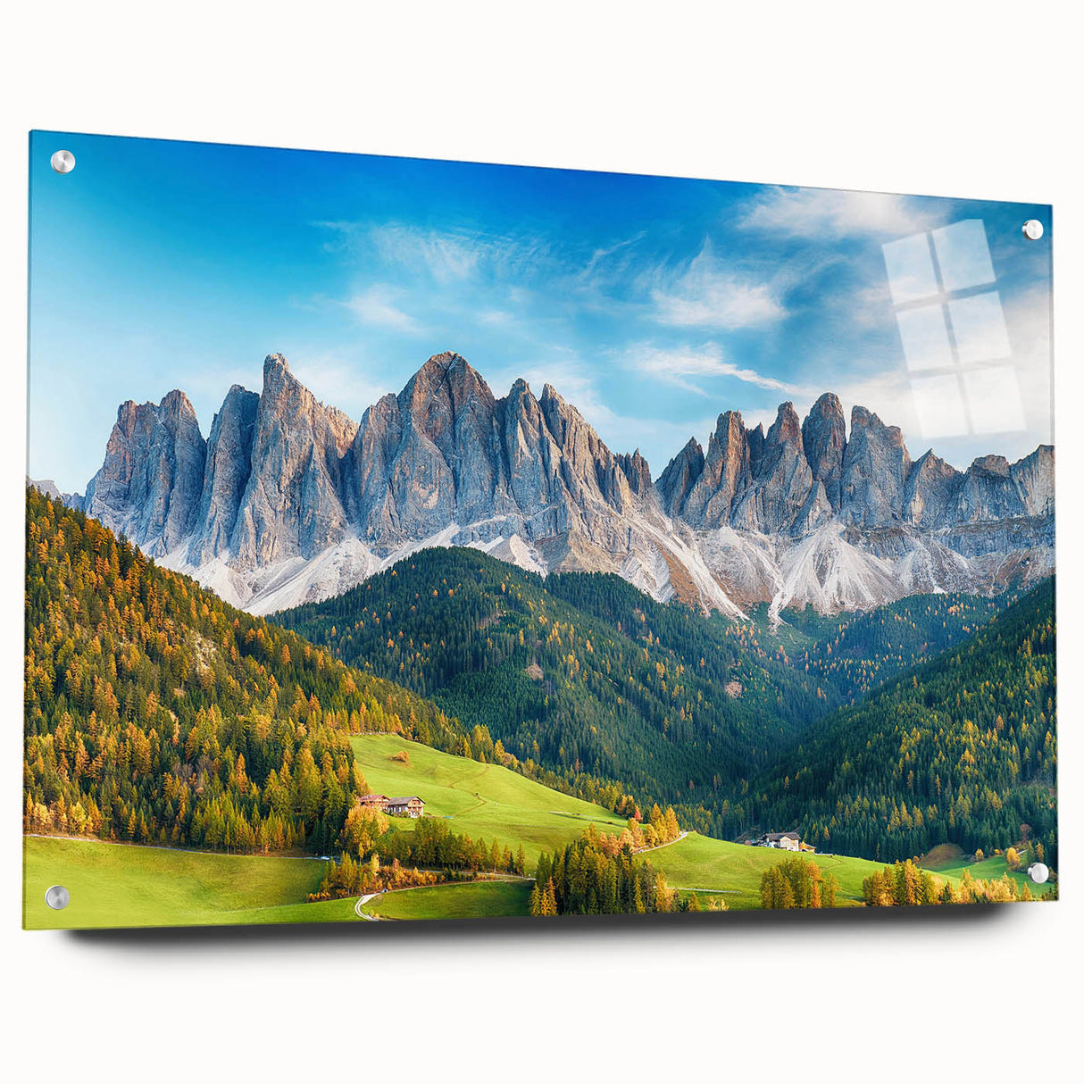 Acrylic glass wall art display of a vibrant valley landscape design, showcasing intricate colors and textures, mounted with decorative pins for aesthetic appeal. Ideal for enhancing modern home decor.