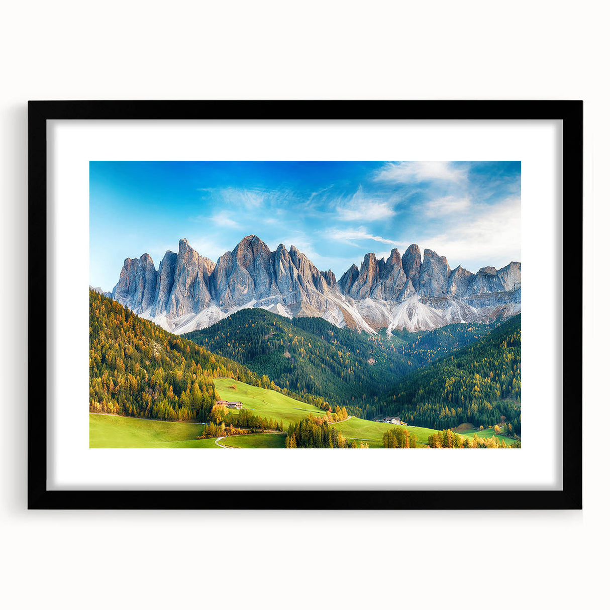 Framed black wall art featuring a serene valley landscape design with a mat, ideal for home decor, enhancing modern or rustic interiors.