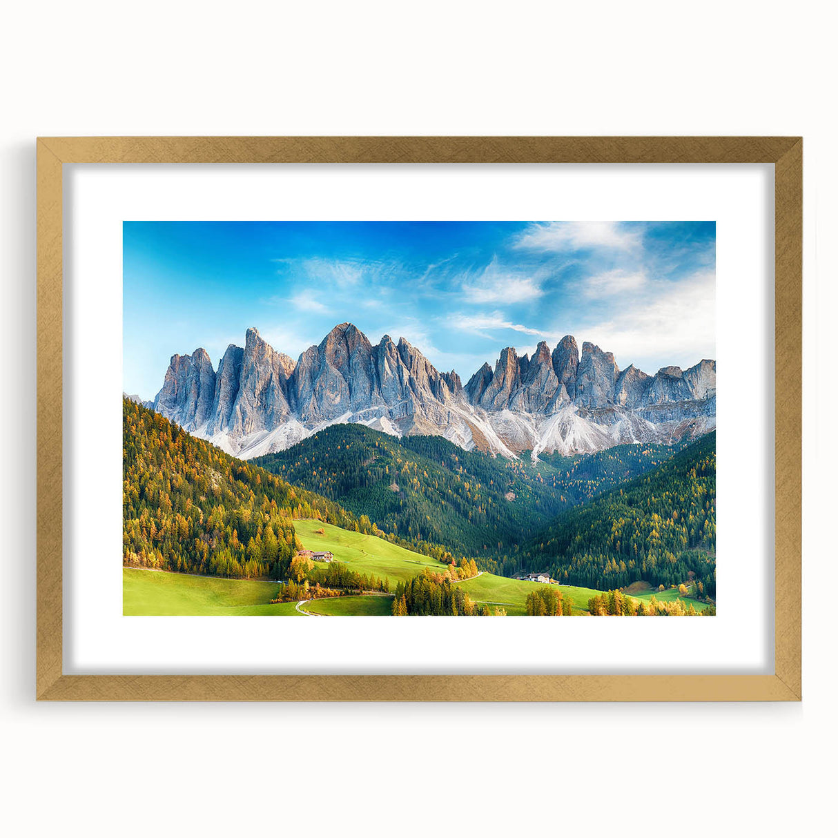 Elegant framed wall art showcasing a serene valley landscape design, featuring a gold mat and frame, ideal for enhancing modern home decor aesthetics.