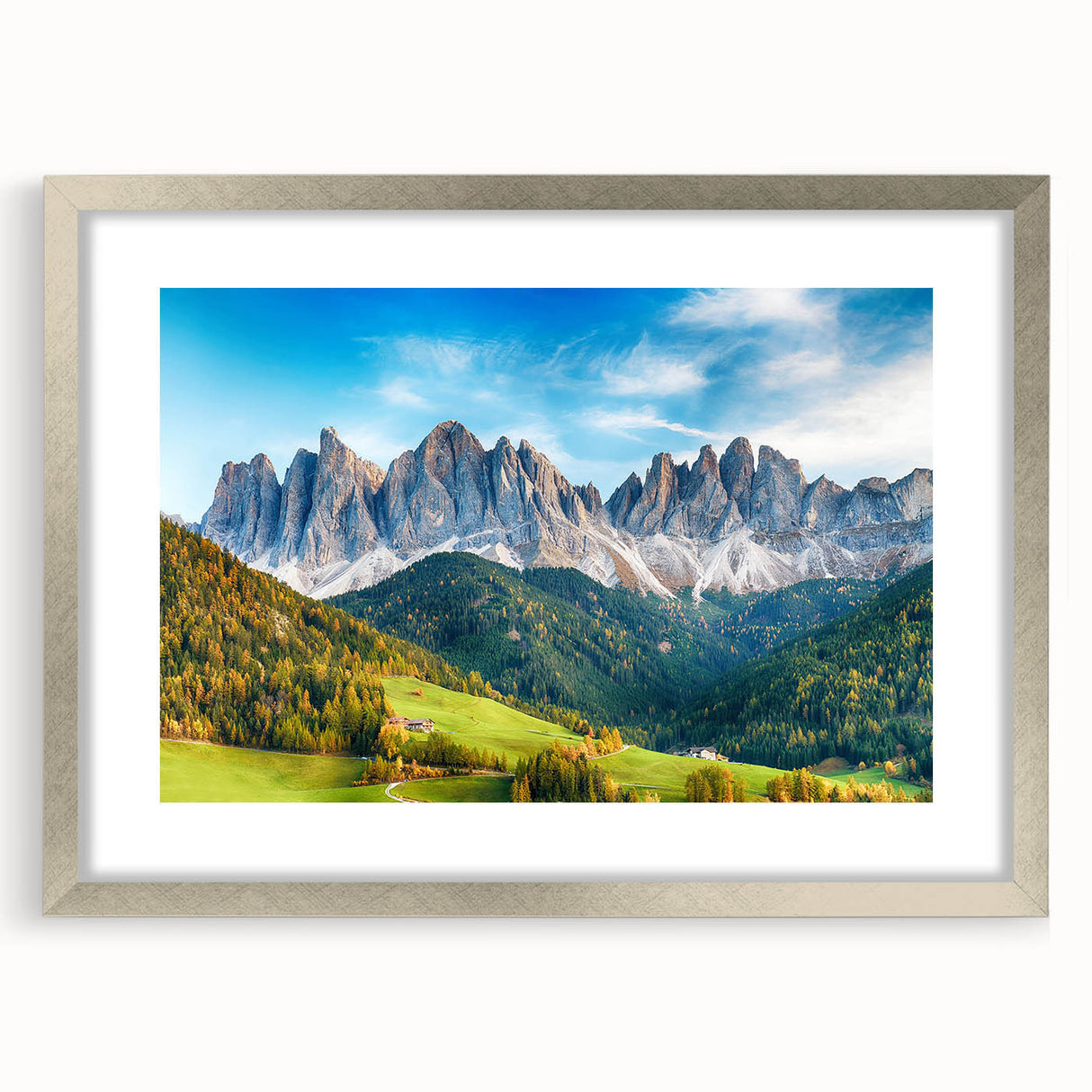 Framed wall art showcasing a serene valley landscape, featuring soft green tones and intricate details, set in a silver frame with a white mat for an elegant finish.
