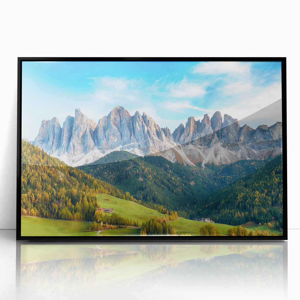 Framed acrylic wall art featuring a serene valley landscape design with rich, vibrant colors. The artwork is presented in a sleek black frame, enhancing its modern aesthetic and ideal for home decor. Perfect for adding a touch of nature to living spaces.