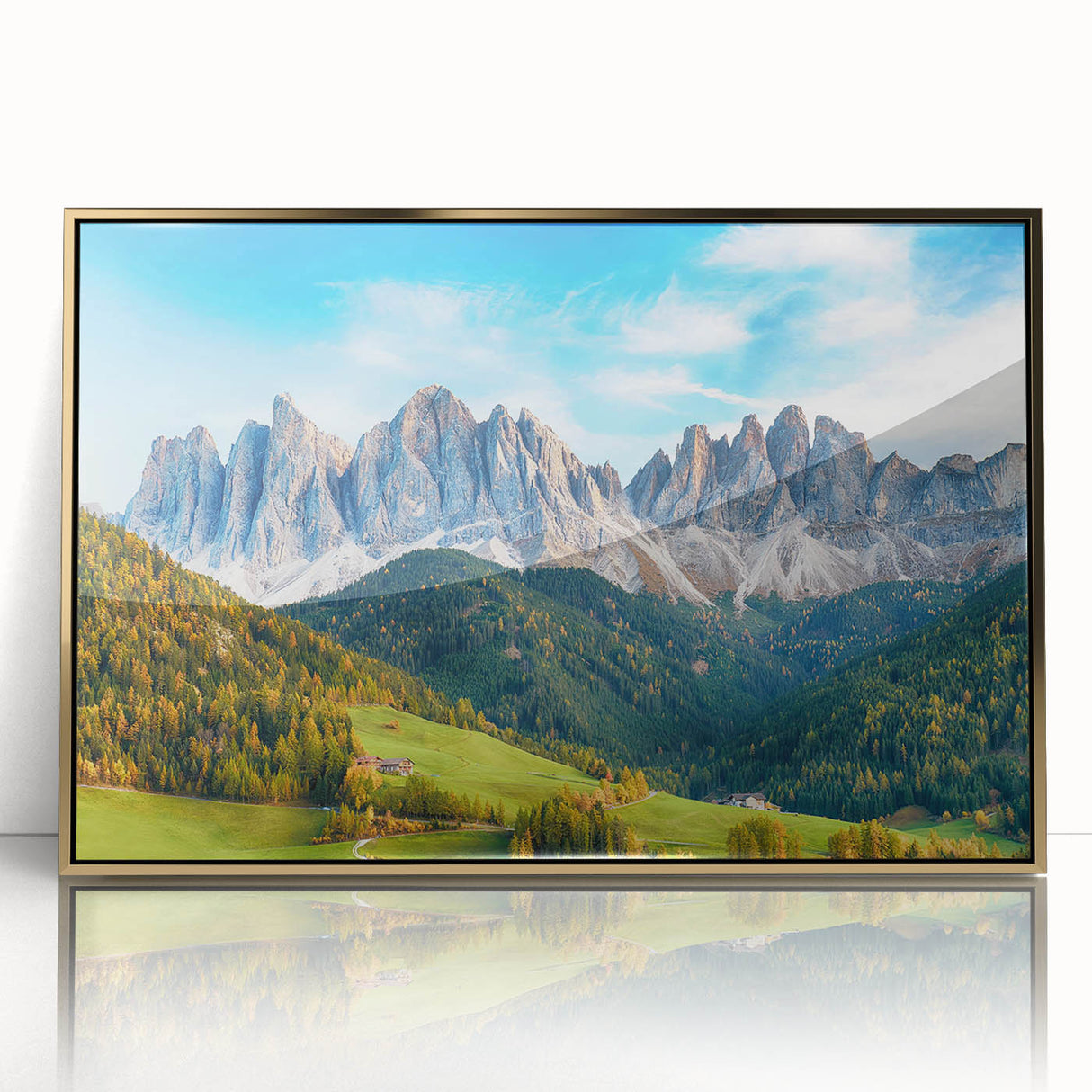 Framed acrylic wall art showcasing a serene valley landscape design, featuring rich gold accents and a modern aesthetic, perfect for contemporary home decor.