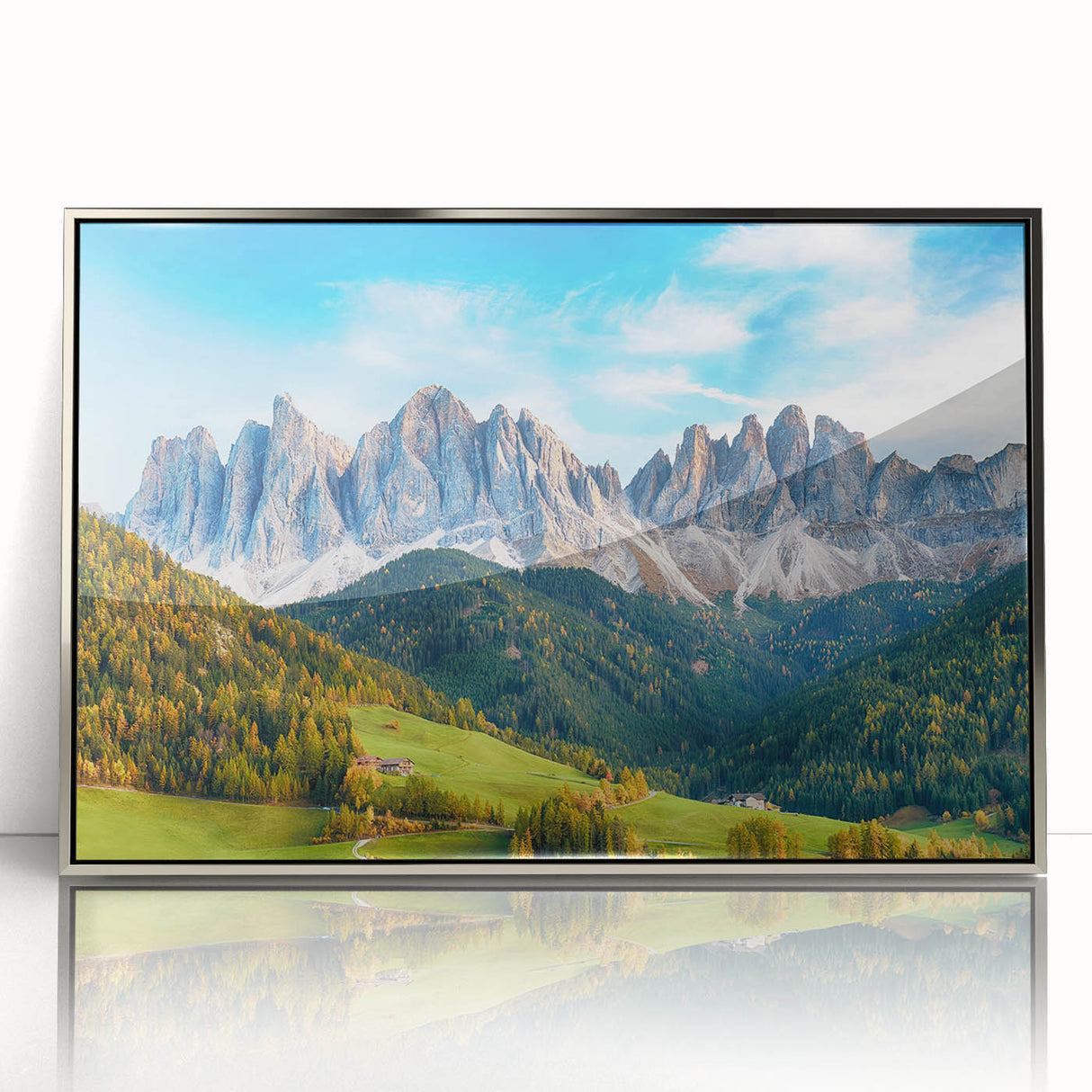 Framed acrylic wall art depicting a serene valley landscape design, showcasing vibrant colors and intricate details, perfect for modern home decor in a silver frame.