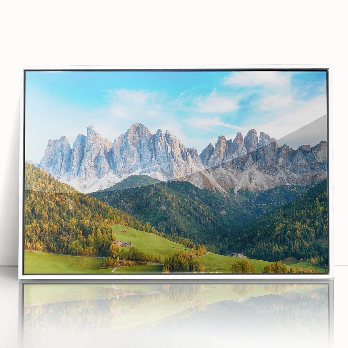 Framed acrylic wall art depicting a serene valley landscape with lush greenery and blue skies, designed to enhance home decor with natural beauty.