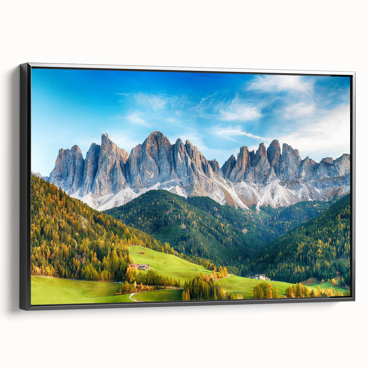 Framed canvas wall art showcasing a serene valley landscape design, featuring vibrant colors and intricate details, viewed from the side against a neutral backdrop.
