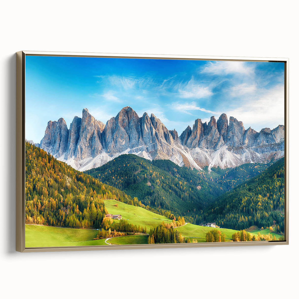 Framed canvas wall art depicting a serene landscape valley, featuring lush greenery and a vibrant sunset, accented by a gold frame for an elegant touch.