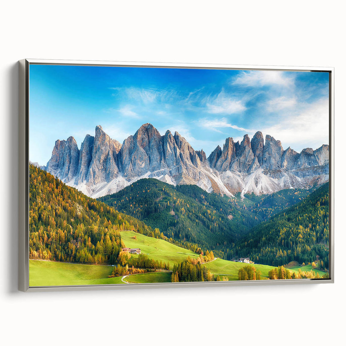 Framed canvas wall art showcasing a stunning valley landscape design with a silver frame, emphasizing vibrant colors and intricate details, ideal for home decor.