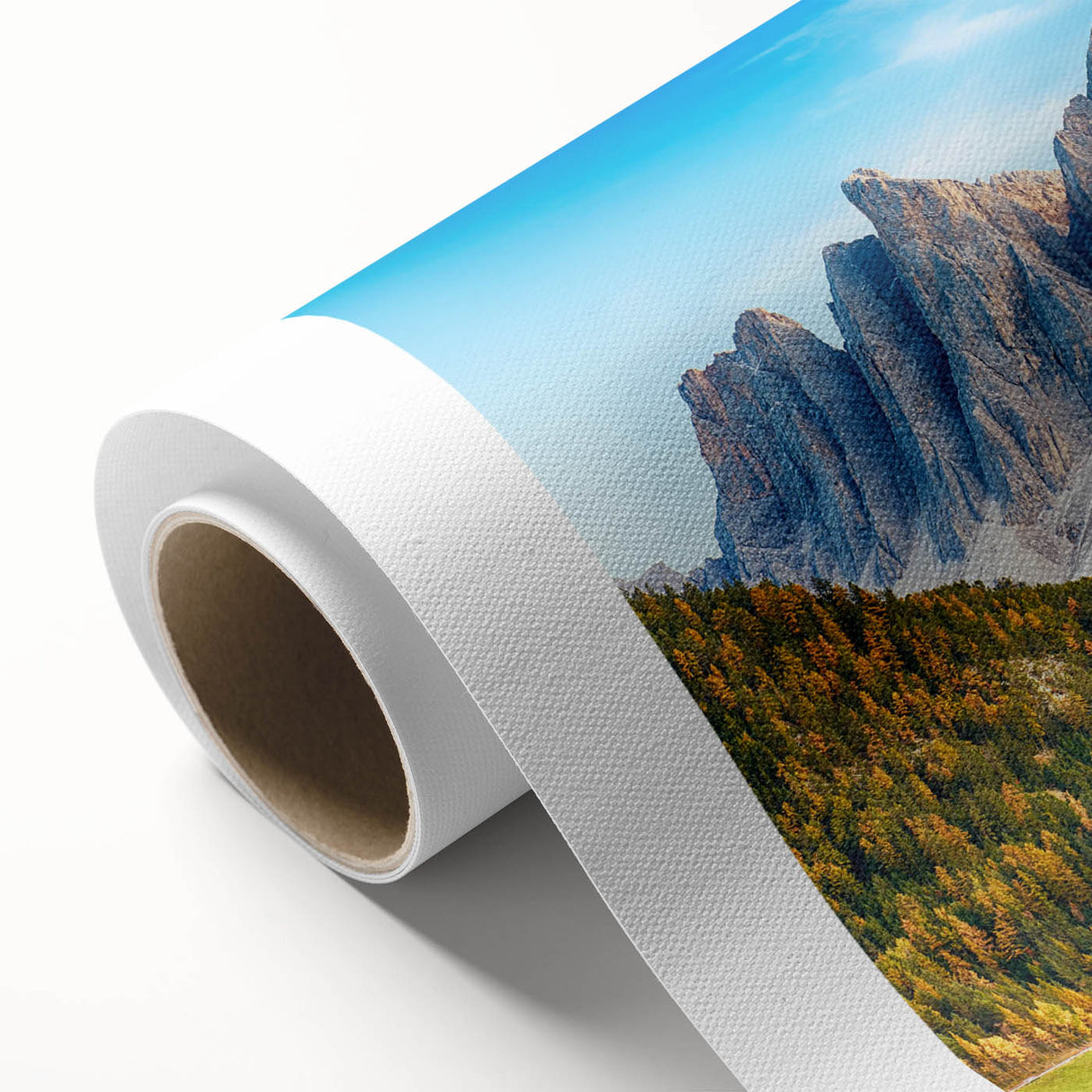 Vibrant rolled canvas showcasing a serene valley landscape design, featuring lush green hills and a tranquil sky, perfect for enhancing home decor.