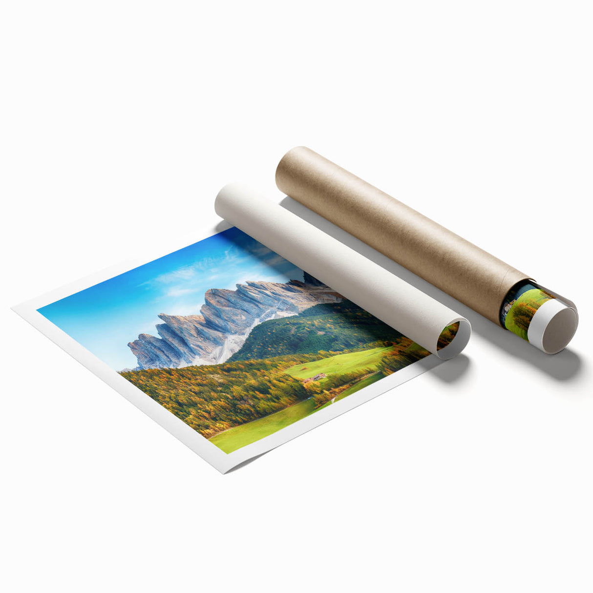 Rolled print of a serene valley landscape showcasing vibrant greens and blues, ideal for home decor, presented in a protective cardboard tube for safekeeping.