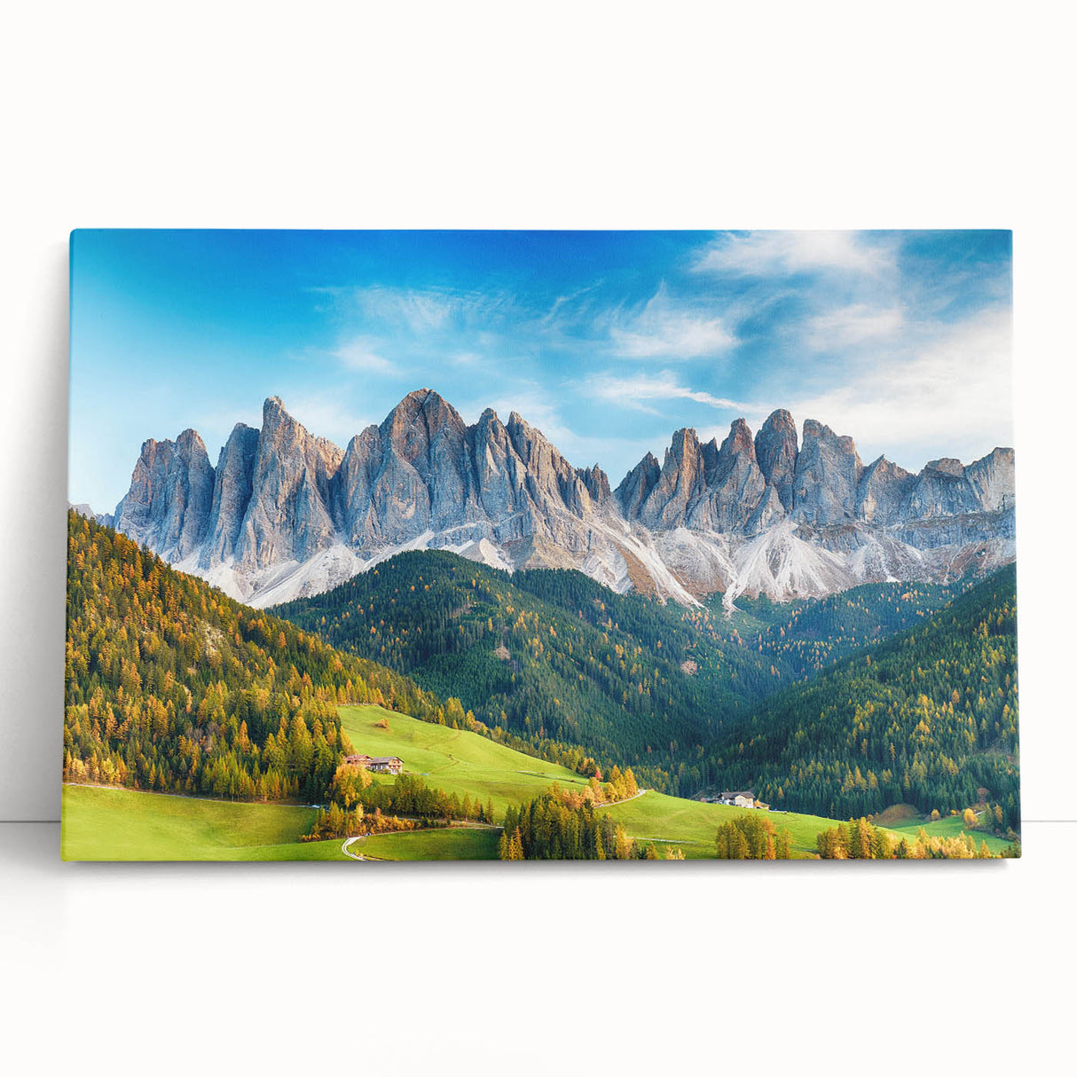 Stretched canvas wall art showcasing a serene valley landscape design with vibrant colors, perfect for enhancing modern home decor. Ideal for nature enthusiasts.