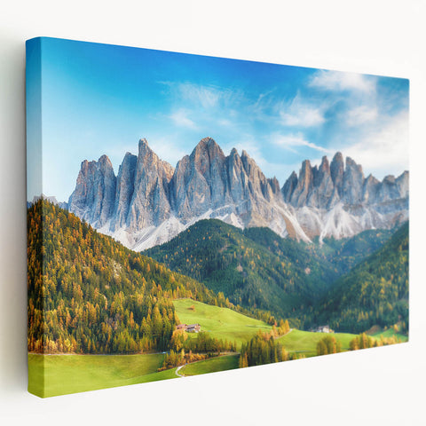 Stretched canvas wall art showcasing a serene valley landscape design with vibrant colors and intricate details, perfect for enhancing home decor.